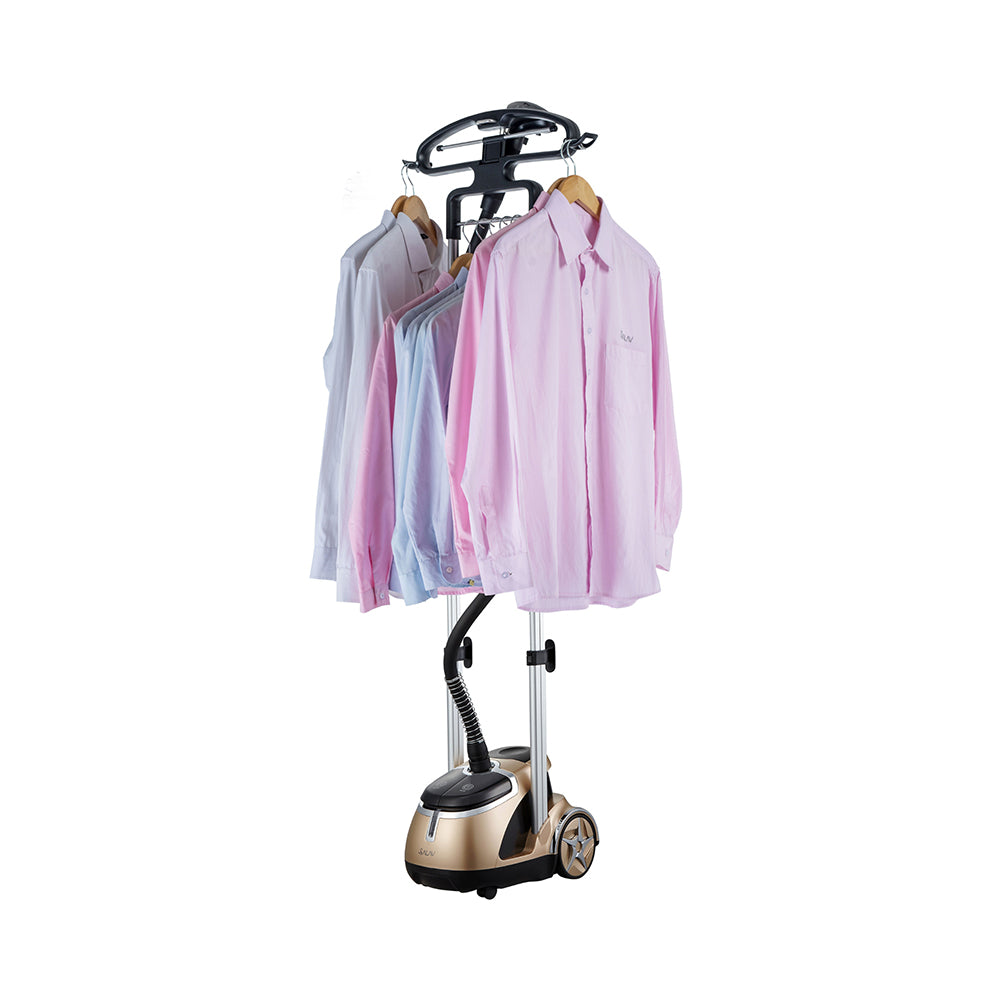 GS49 + Gold + Garment Steamers-5 + hanger and hooks holding multiple garments