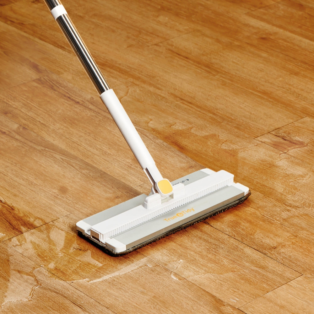 mop cleaning wet mess on wood floor