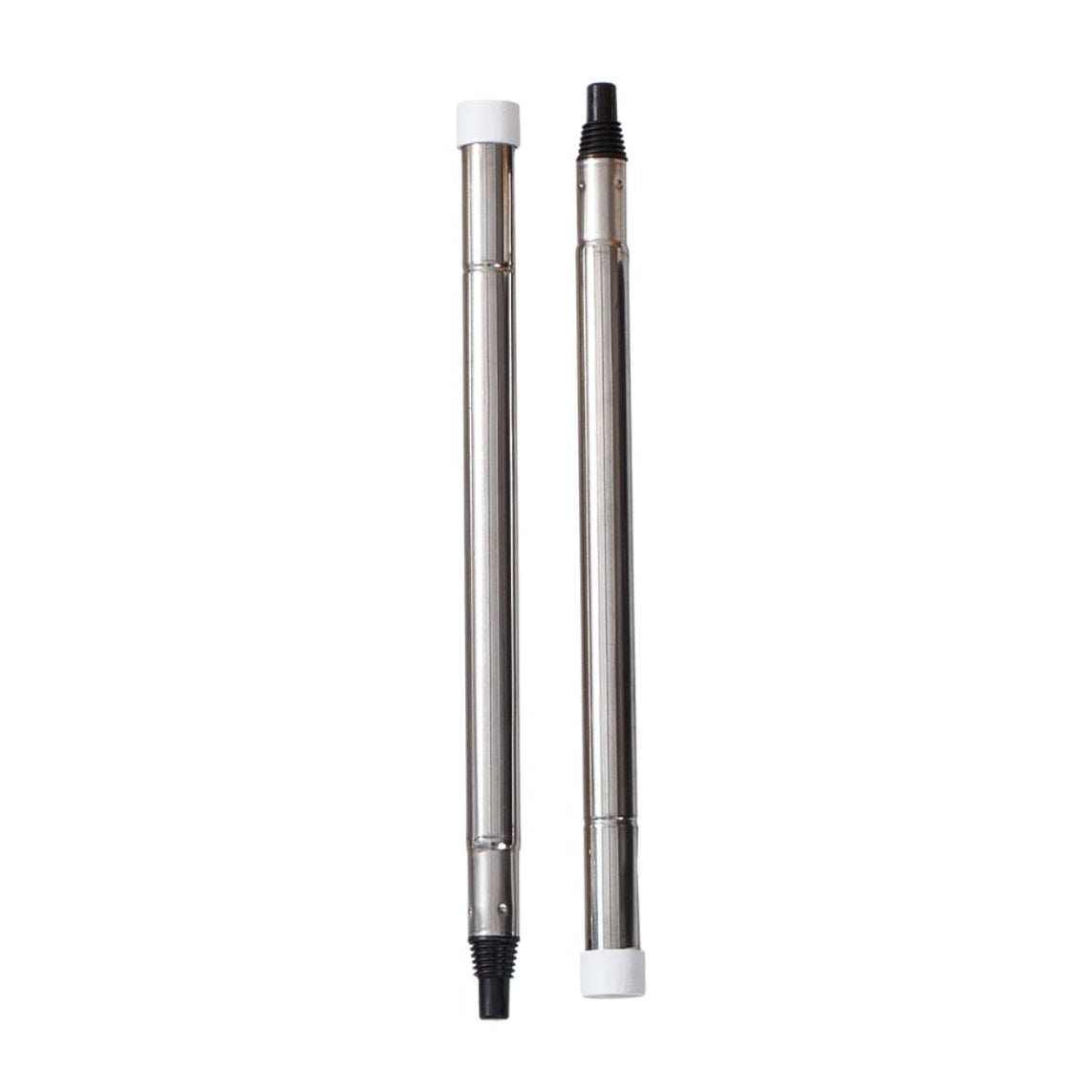 Two metal pole with a white plastic cap on one end and a black plastic screw cap on the other end.