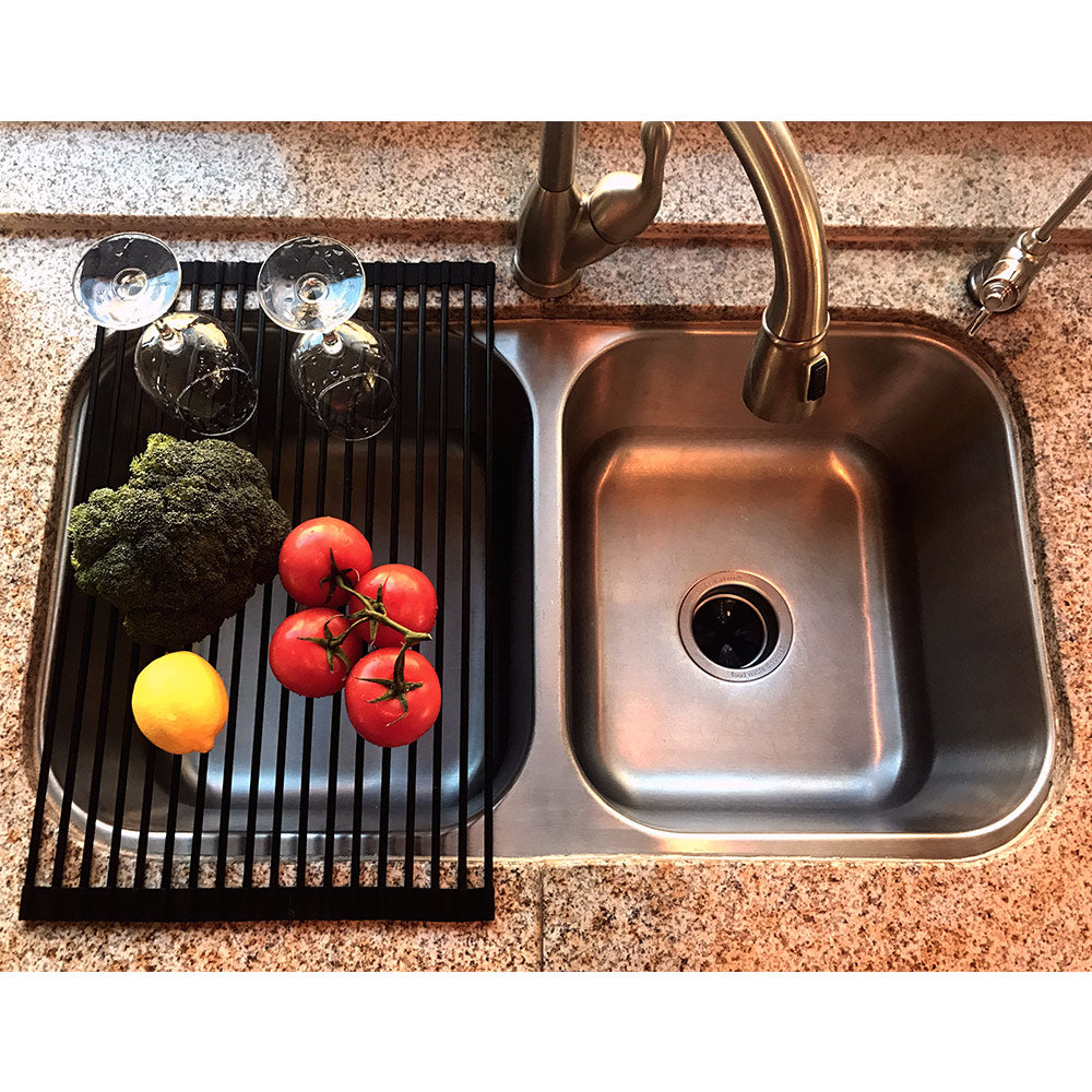 DR881 + Black + Organization-2 + aerial view of kitchen sink with black drying rack over one side of sink holding wine glasses and vegetables