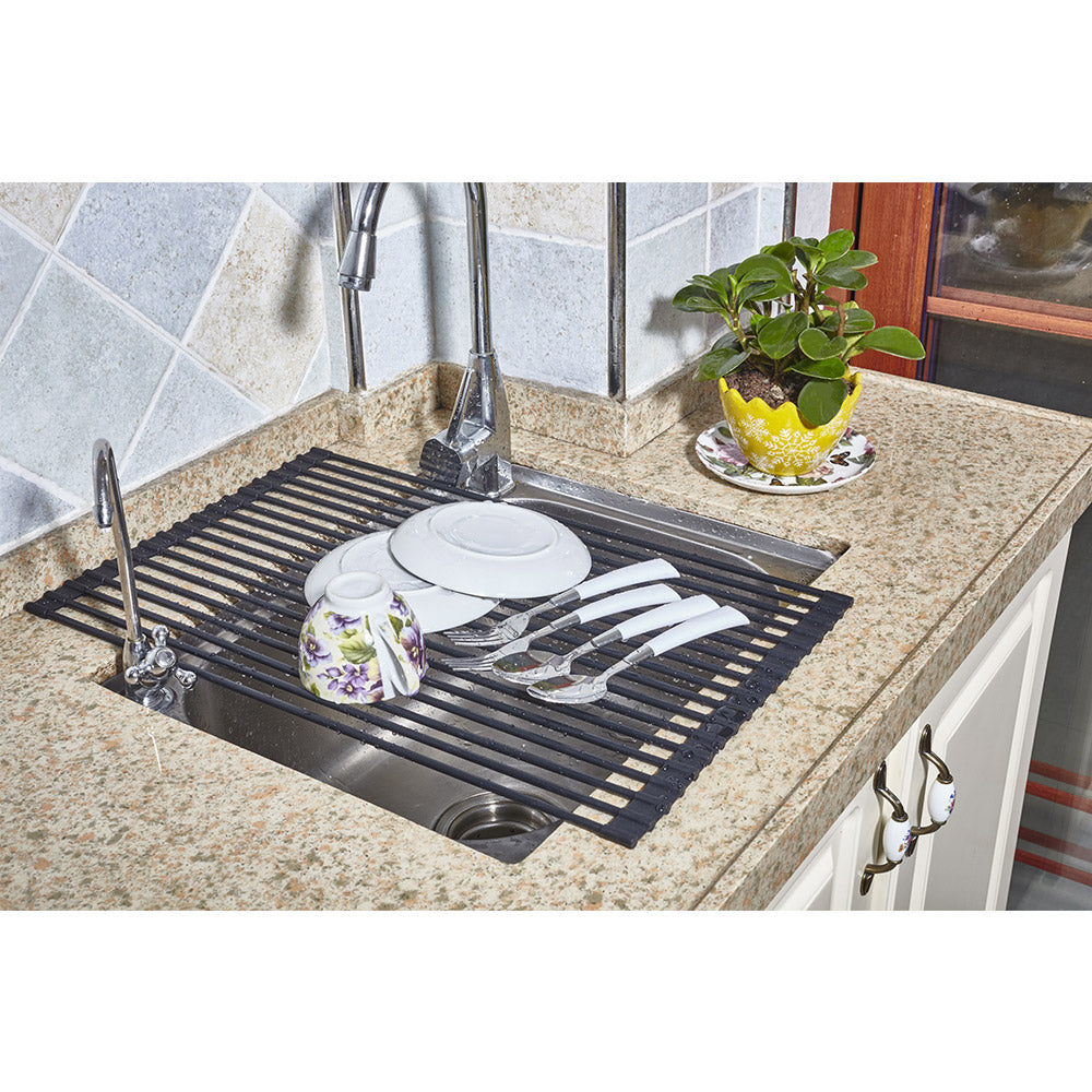 DR881 + Black + Organization-3 + kitchen sink showing black drying rack with various dishes drying