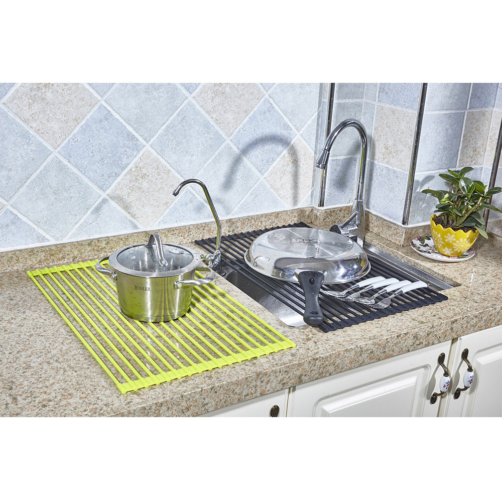 DR881 + Lime + Organization-2 + kitchen counter with lime drying rack holding a pot and black drying rack holding dishes over a kitchen sink