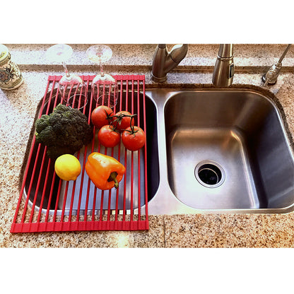DR881 + Red + Organization-2 + aerial view of red drying rack over kitchen sink holding dishes and vegetables