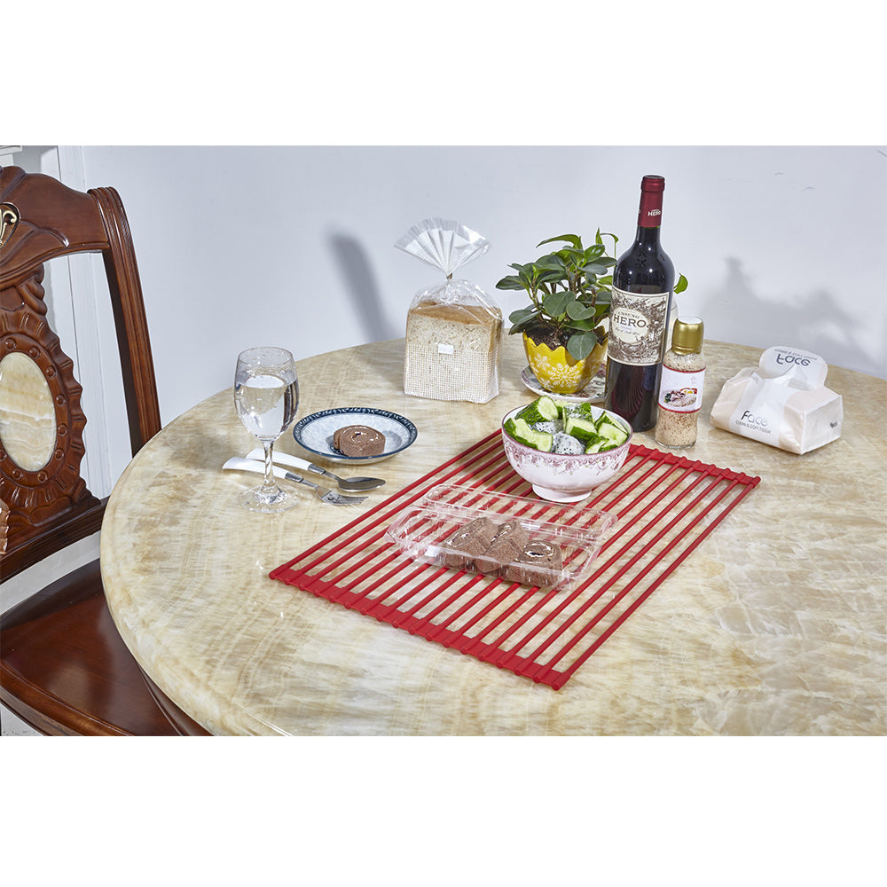 DR881 + Red + Organization-3 + red drying rack being used to hold dishes on a dining table 