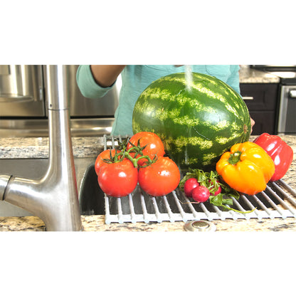 DR881 + Gray + Organization-3 + gray drying rack used over a sink holding a watermelon tomatoes and peppers which are being washed