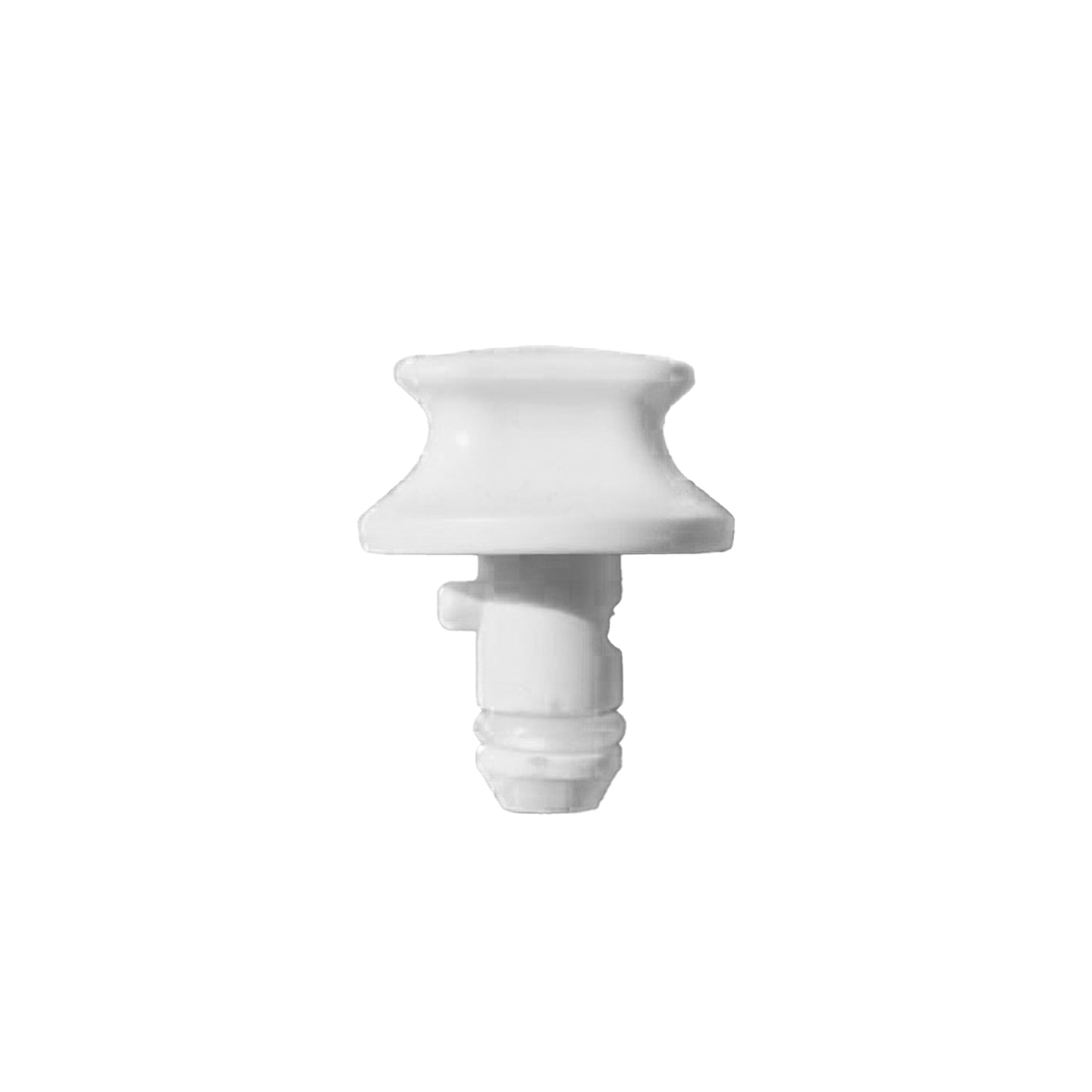 A small white plastic cap or connector piece with a ridged cylindrical base and a flared top, shown on a plain white background.