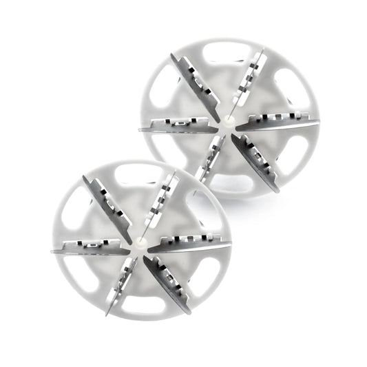 Two white discs each with 6 small blades on a white background