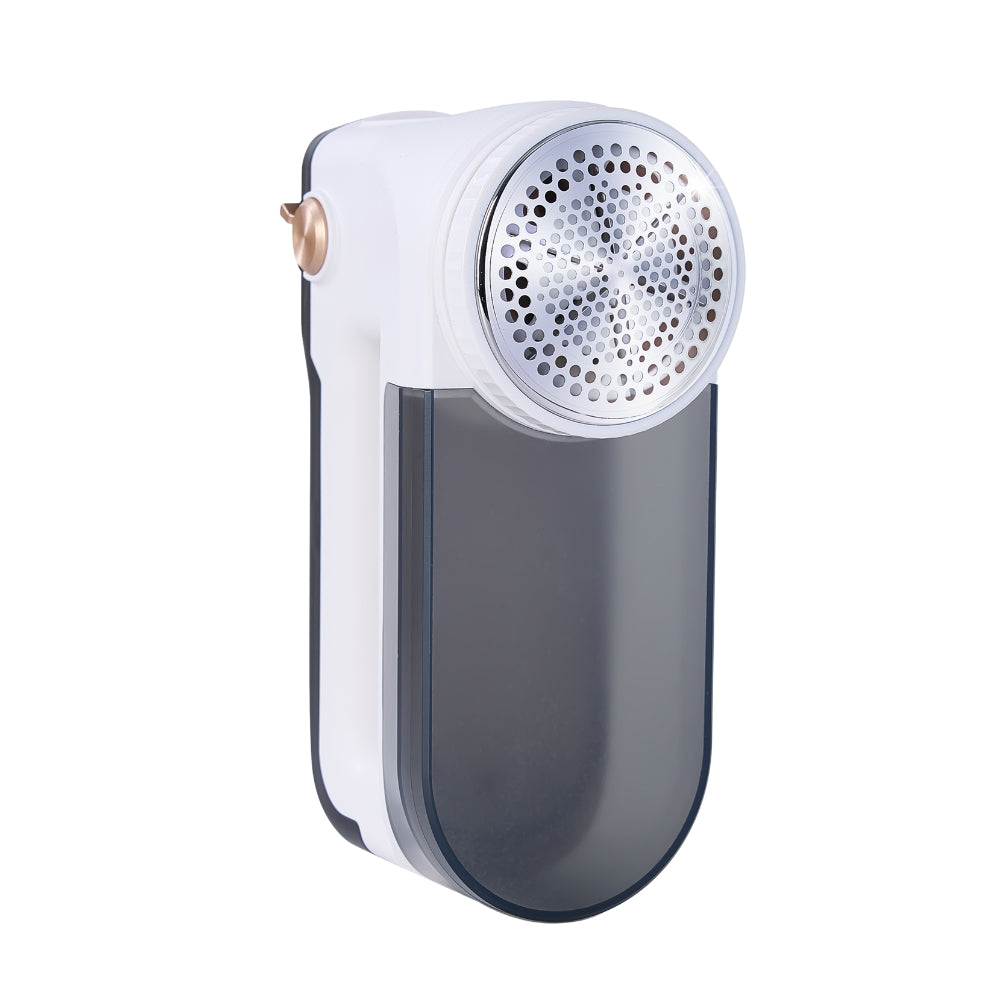 white and black fabric shaver with gold thumb control and large tank