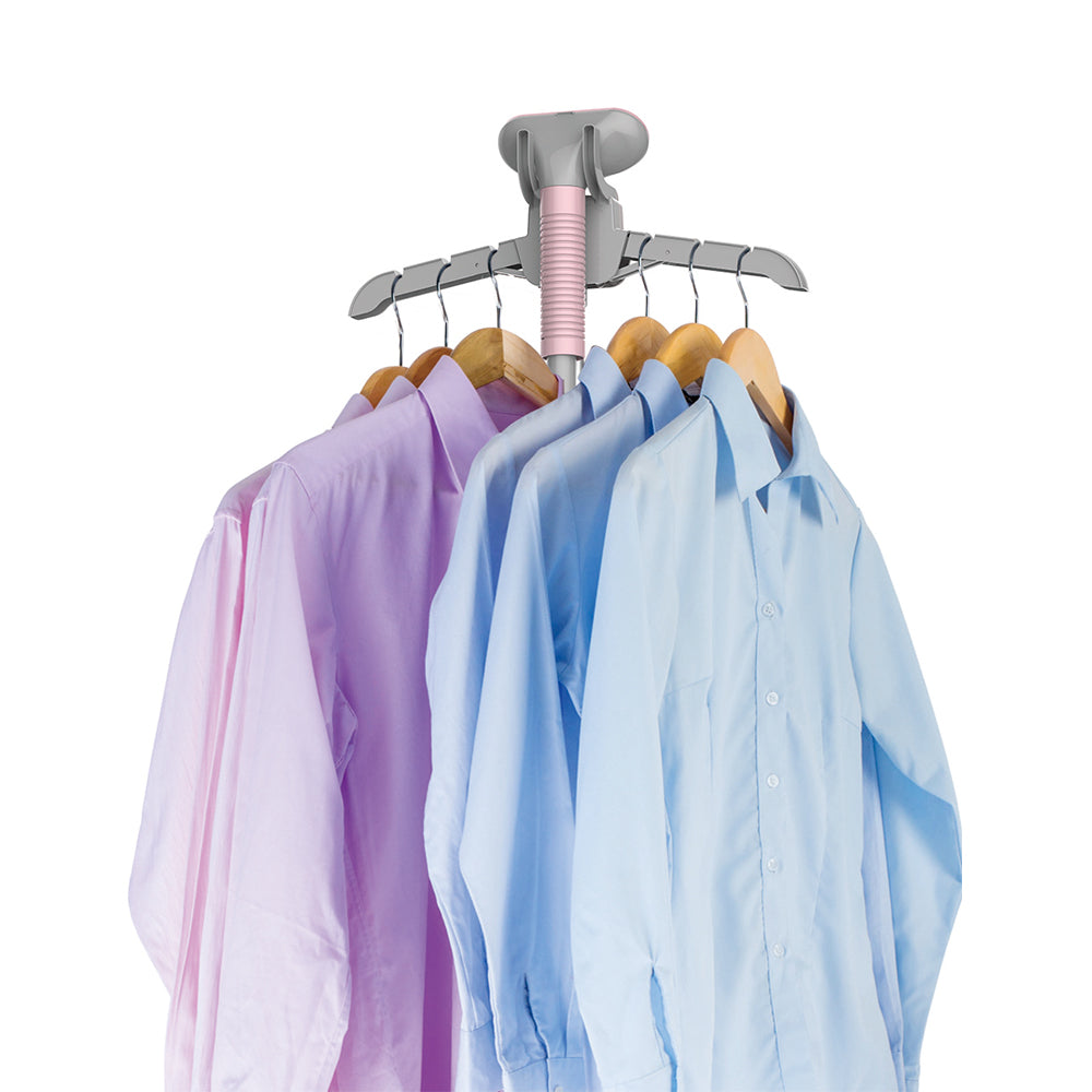 GS06 + Blush + Garment Steamers-3 + hanger and nozzle of GS06 blush garment steamer holding various colored shirts