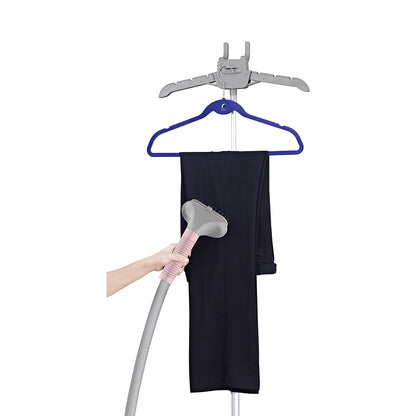 GS06 + Blush + Garment Steamers-5 + GS06 upright clothes steamer holding a hanger with black pants