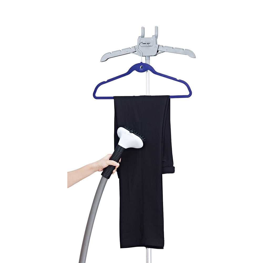 GS06 + Black + Garment Steamers-5 + GS06 hanger holding black pants and being steamed and refreshed