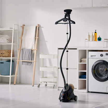 GS18 + Black + Garment Steamers-7 + GS18 black clothes steamer in a laundry room