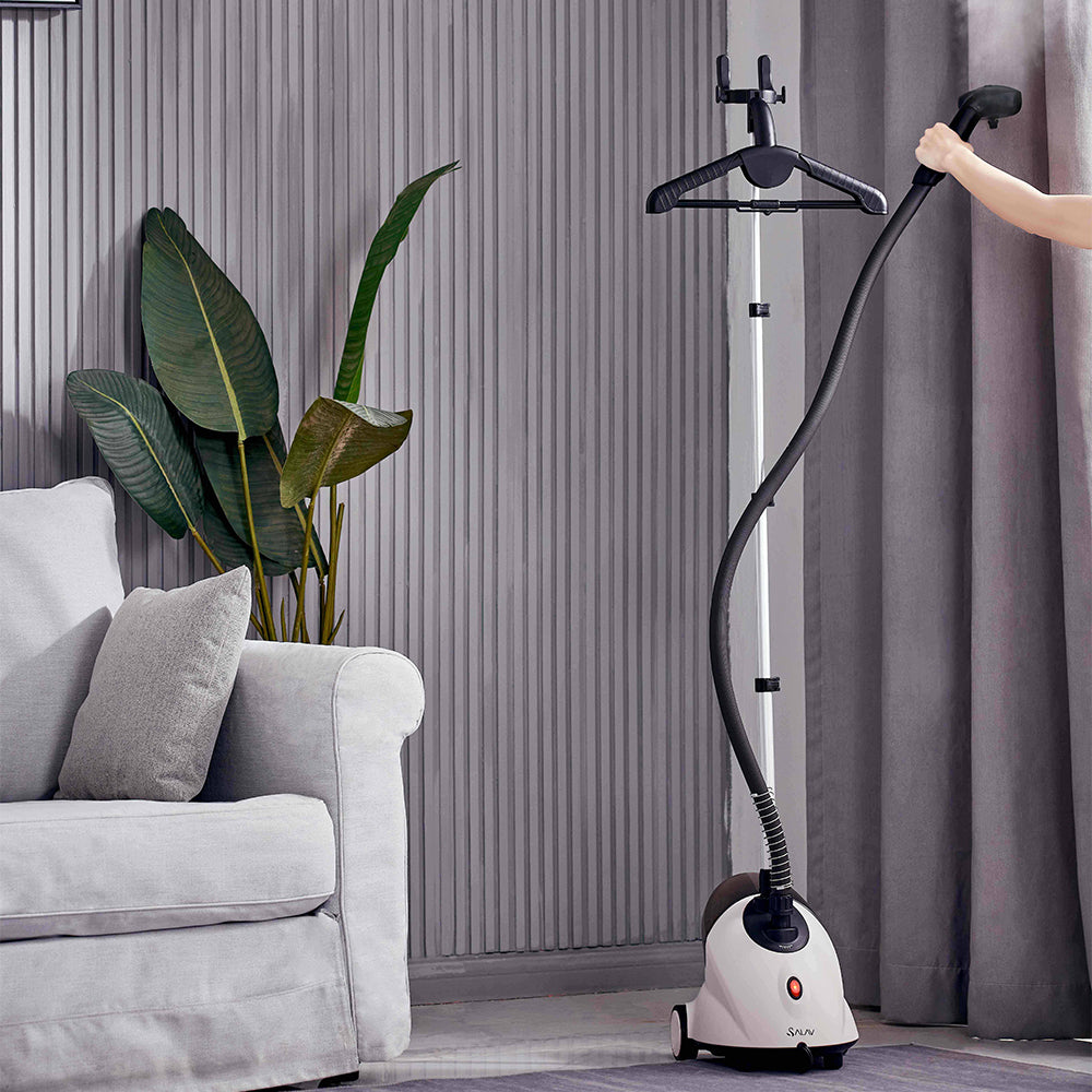 GS18 + White + Garment Steamers-1 + used as steam cleaner for drapes in a gray living room