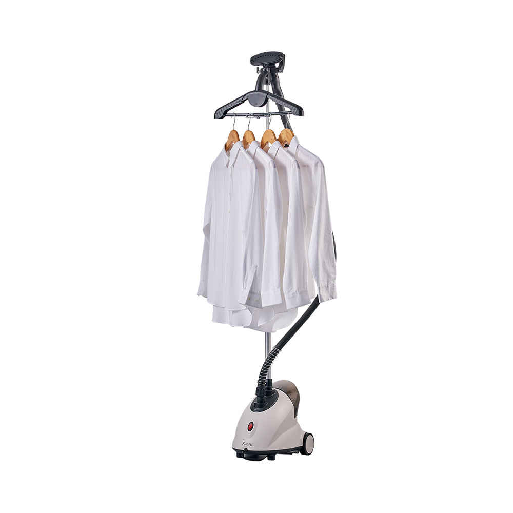 GS18 + White + Garment Steamers-2 + holding four hangers and shirts