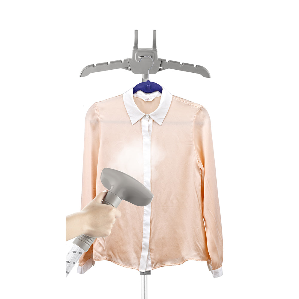 GS24 + White + Garment Steamers-4 + steaming shirt on hanger
