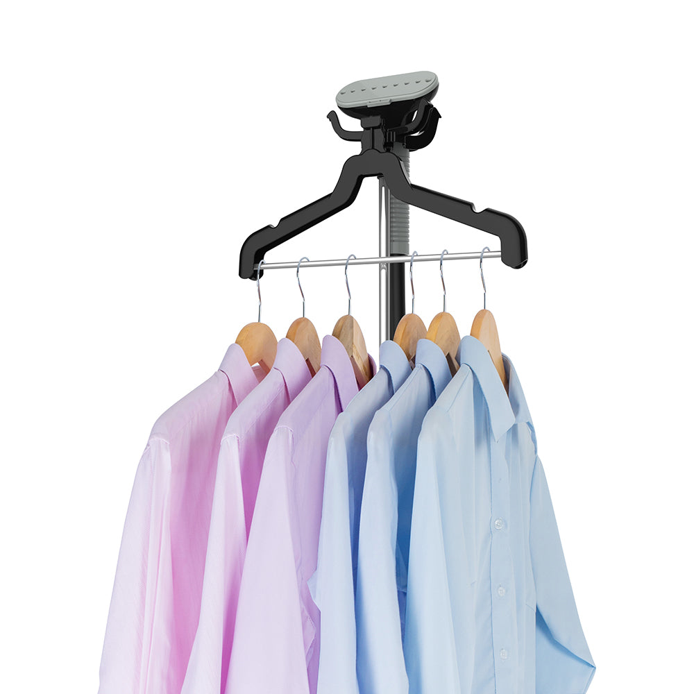 GS34 + Black + Garment Steamers-3 + close up of hanger with multi hooks holding many shirts