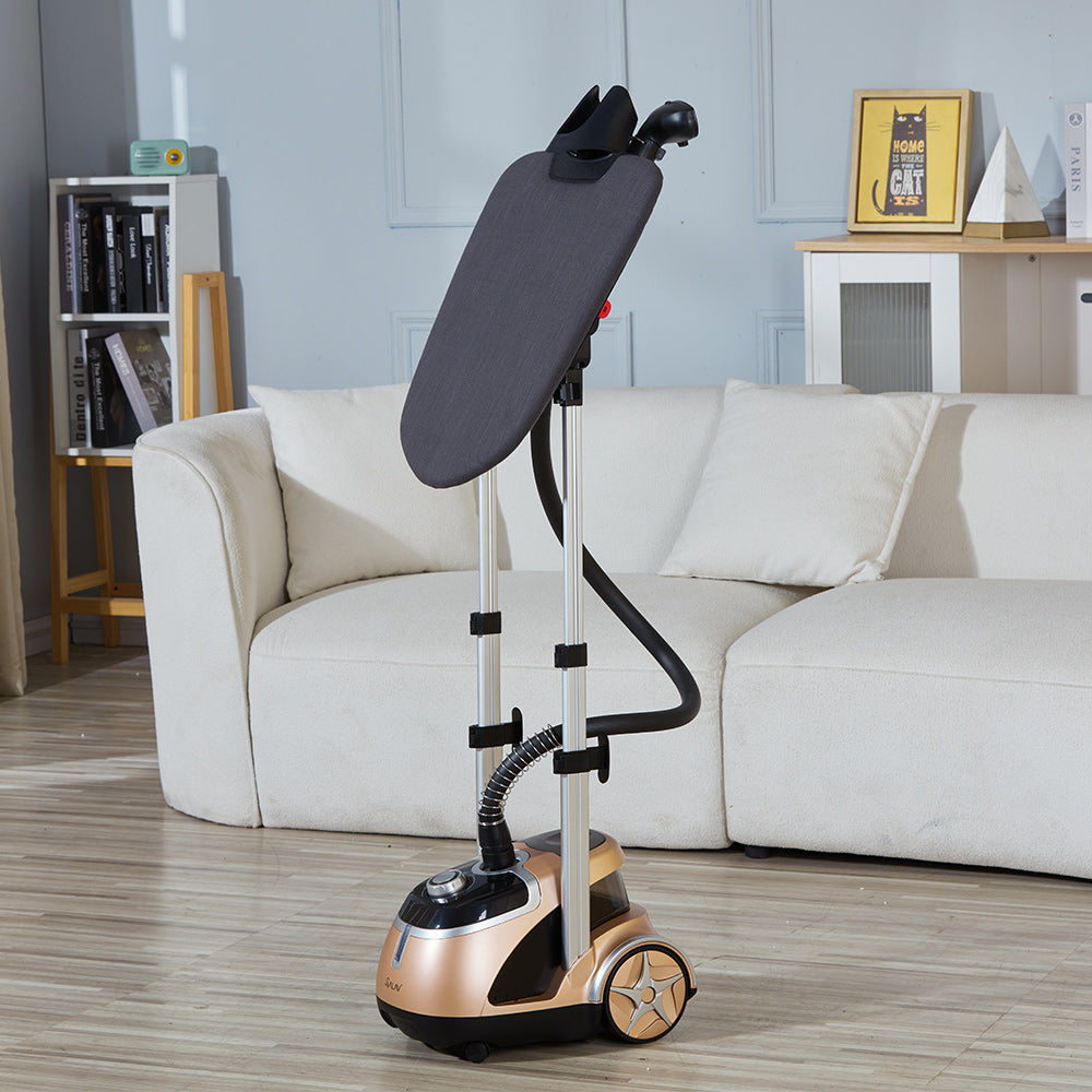 GS44 + Gold + Garment Steamers-4 + side view with press board angled slightly in a living room