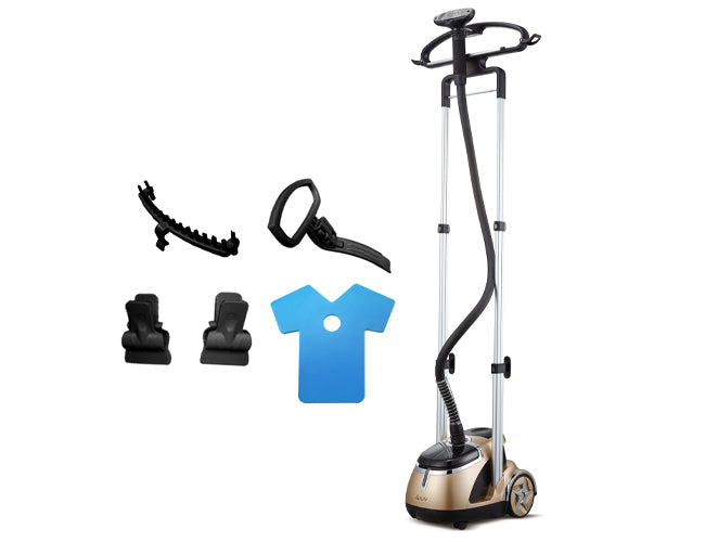 GS49 upright clothes steamer blue mini ironing board two clips pants press attachment fabric brush attachment