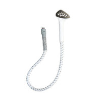 White steam hose with triangular nozzle with flexible hose on a white background