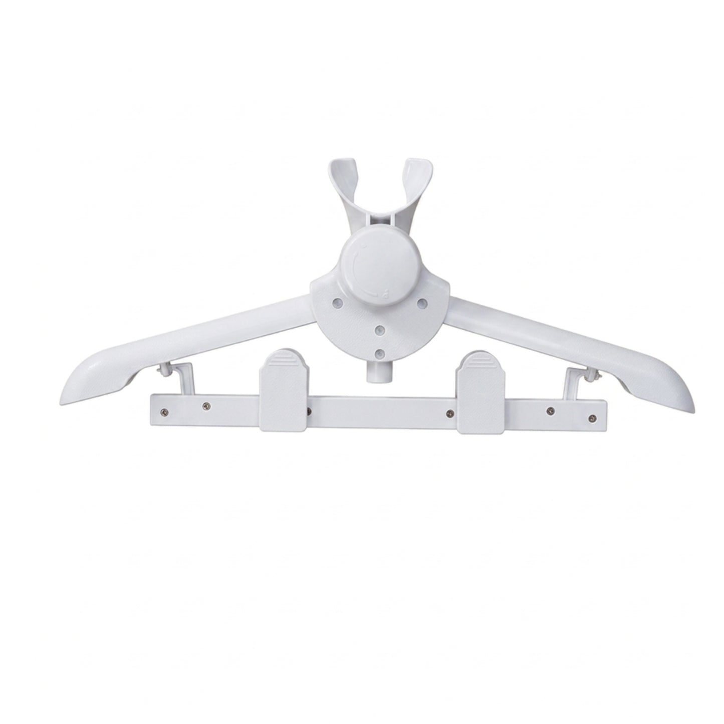 A white plastic clothes hanger with a mounting bracket on the underside, shown against a plain white background.
