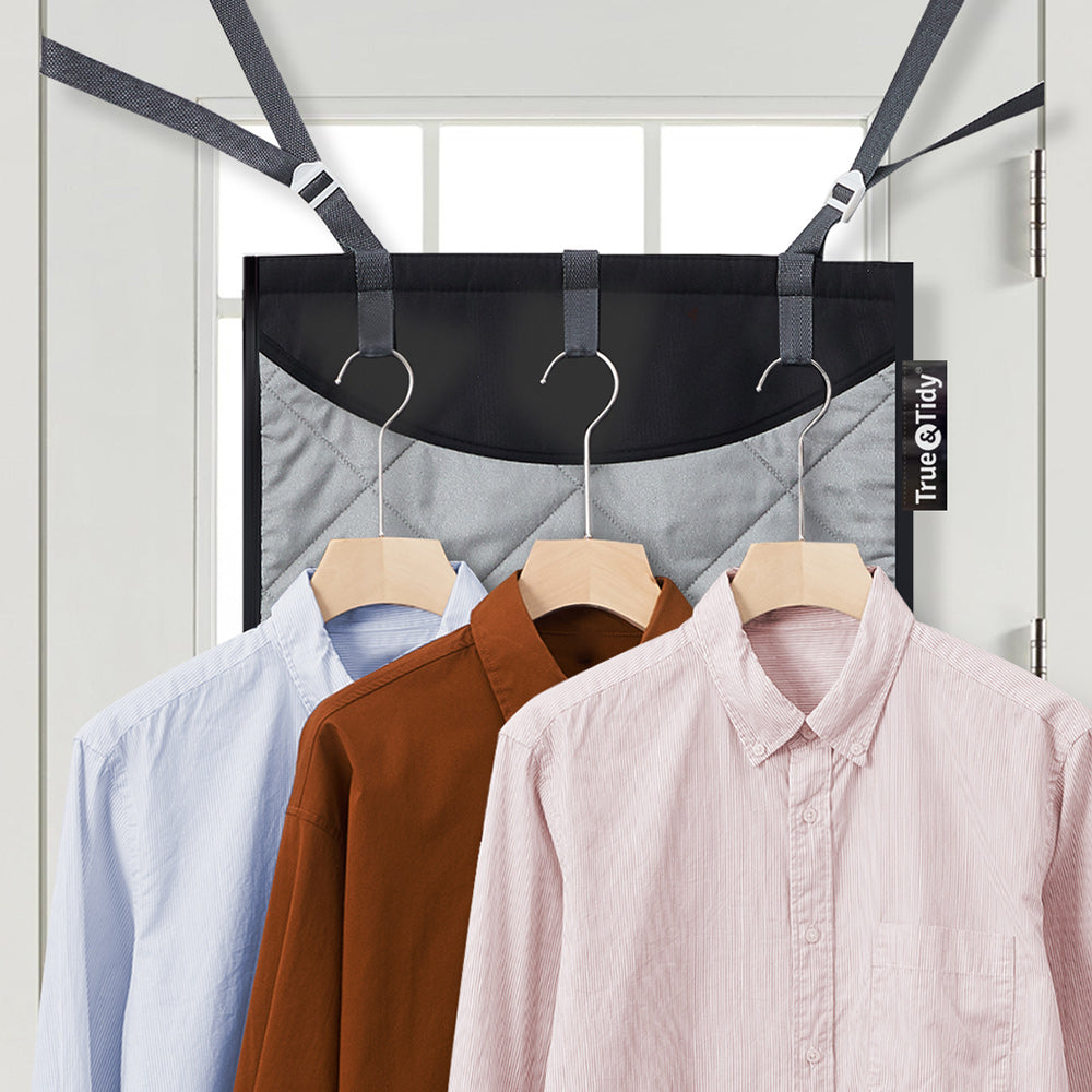 MAT200  Black  Laundry Care-2  MAT200 hung over a door frame with three hangers holding shirts
