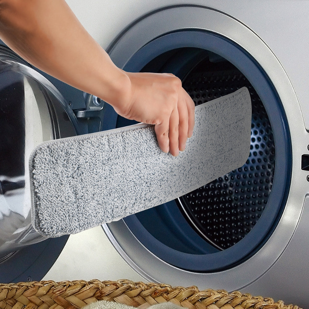 Microfiber Mop Pads-3 + person placing used mop pad in washing machine