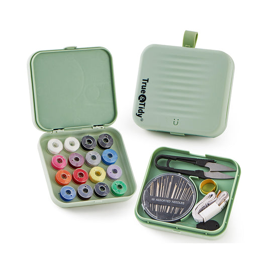SEWKIT85 + closed mint colored sewing kit case 16 bobbins with different colored threads and inner storage with scissors needles thimble measuring tape 