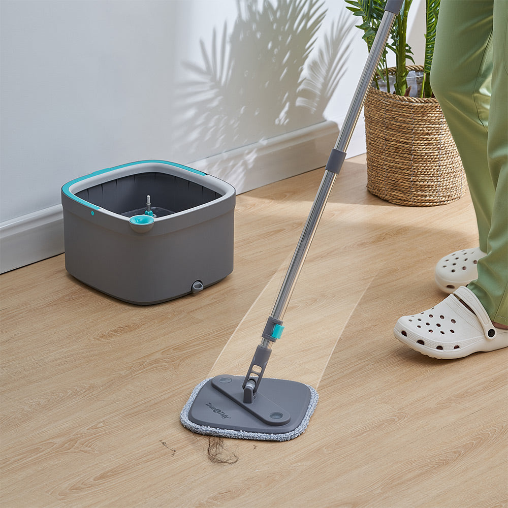 SPIN800 + Gray + Cleaning-2 + spin mop cleaning wood floor with bucket in background