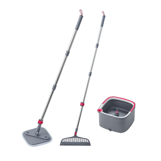 square spin mop and bucket set with silicone sweeper in gray and pink