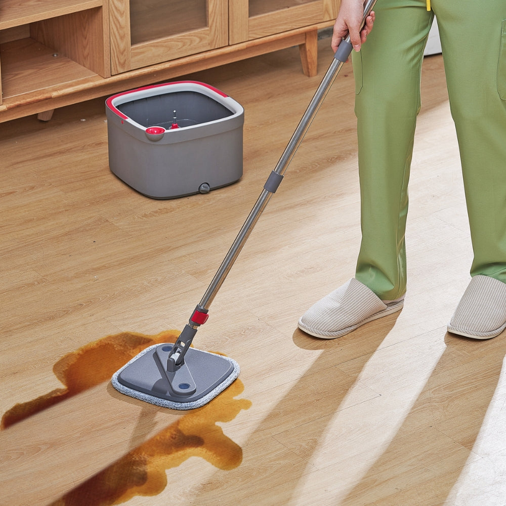 square mop head cleaning mess on laminate flooring