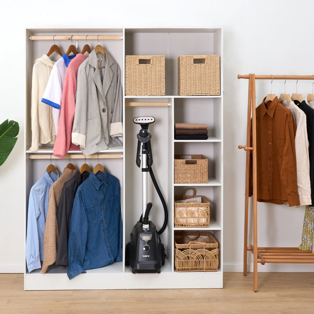 SX3 Garment Steamer with foldable arms in closet