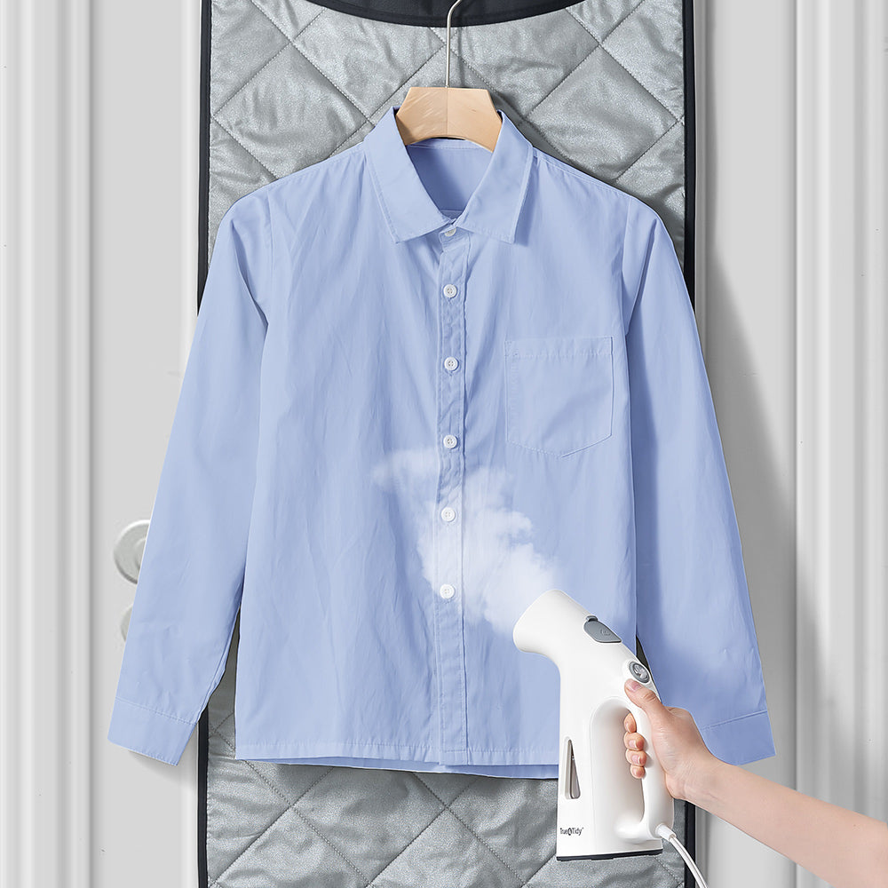 TS38 + White + Laundry Care-5 + steaming blue shirt against MAT200 hanging on door