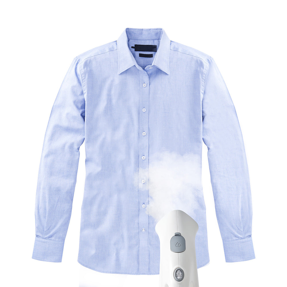 TS38 + White + Laundry Care-7 + removing wrinkles on blue cotton shirt