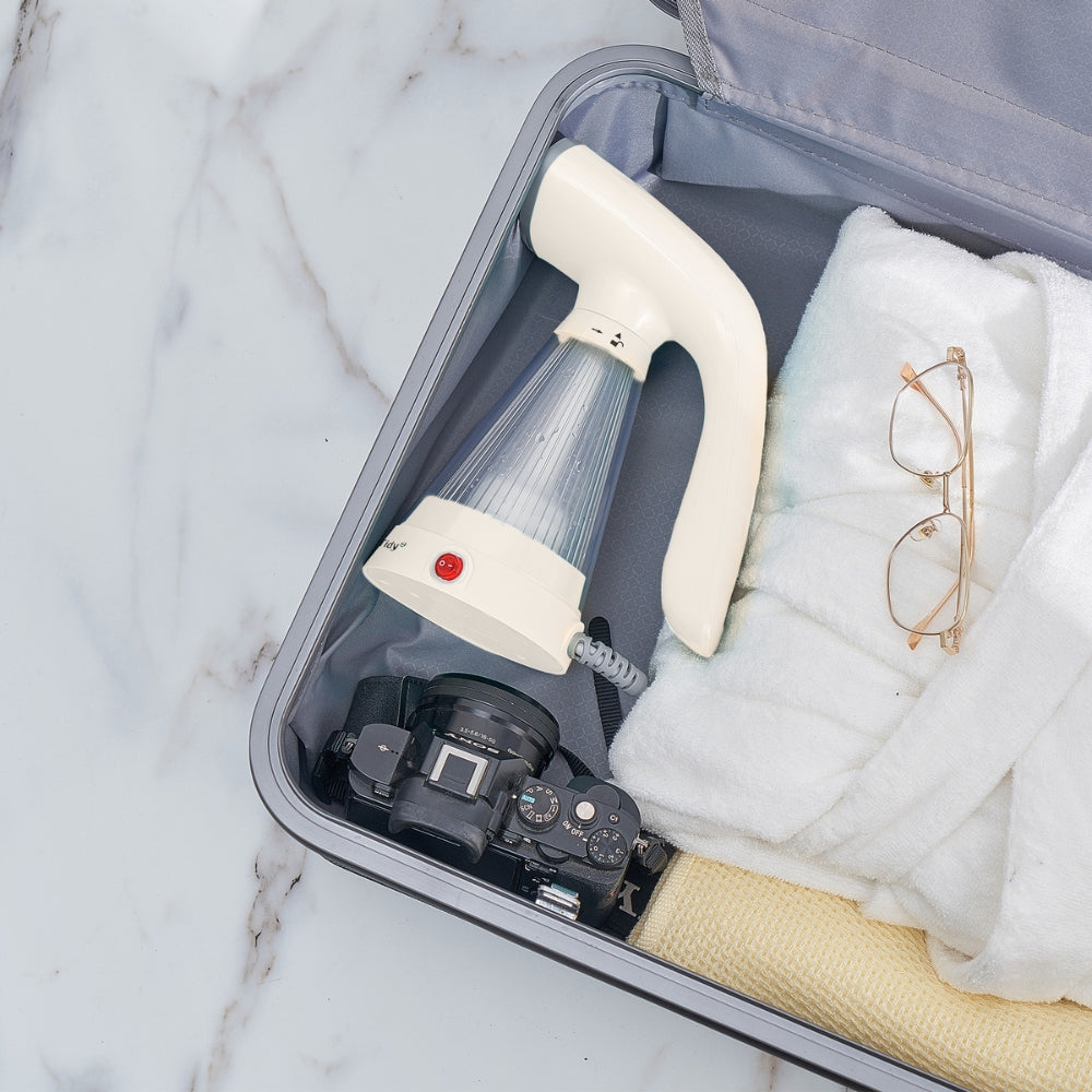 T20 + White + packed in a small suitcase next to glasses a robe and camera and clothes
