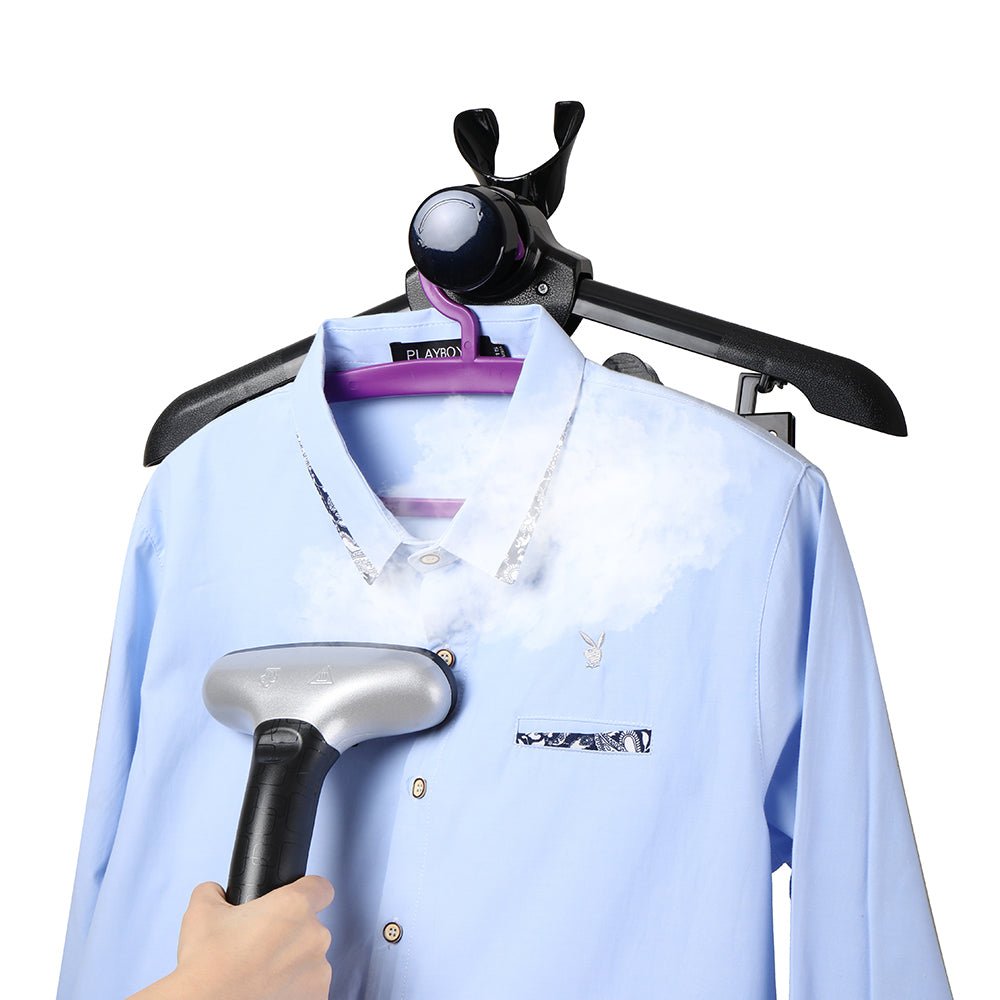 X3 + Navy + Garment Steamers-2 + front knob hook holding hanger and blue shirt