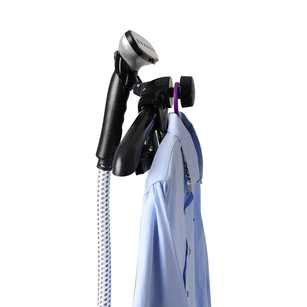 X3 + Navy + Garment Steamers-1 + front knob hook holding hanger with blue shirt