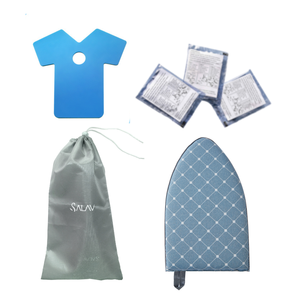 blue ironing board three decalcifiers a storage bag and steam mitt