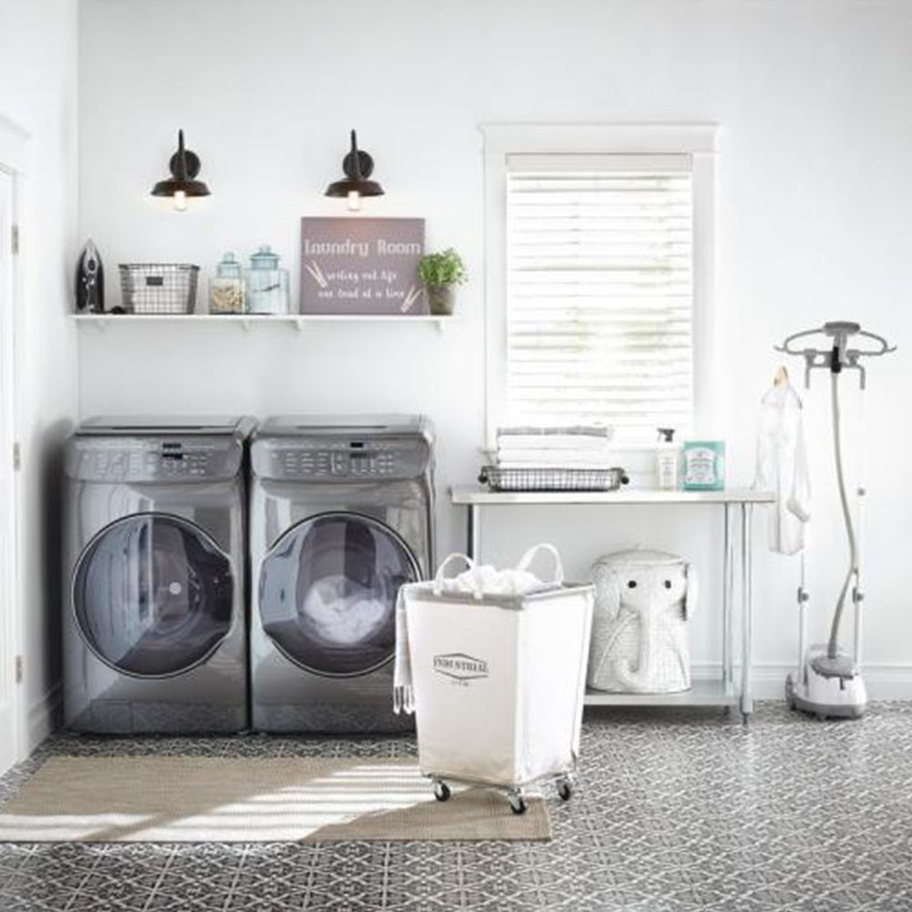 GS45-7 + upright GS45 clothes steamer in a laundry room 