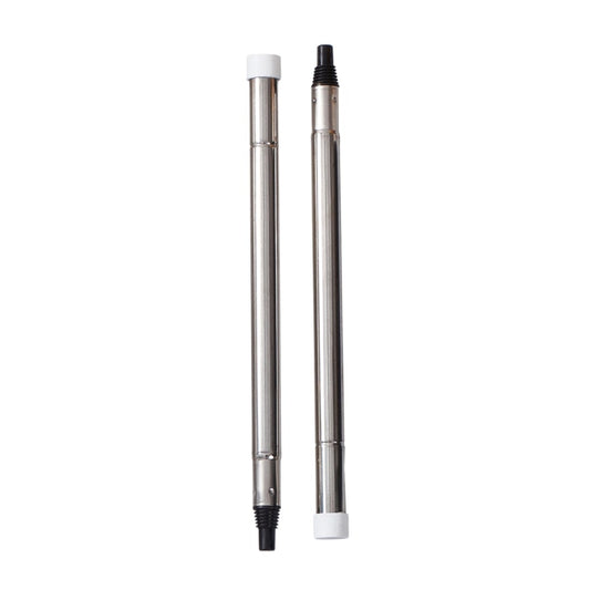 Two metal pole with a white plastic cap on one end and a black plastic screw cap on the other end.