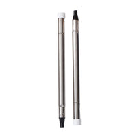 Two metal pole with a white plastic cap on one end and a black plastic screw cap on the other end.