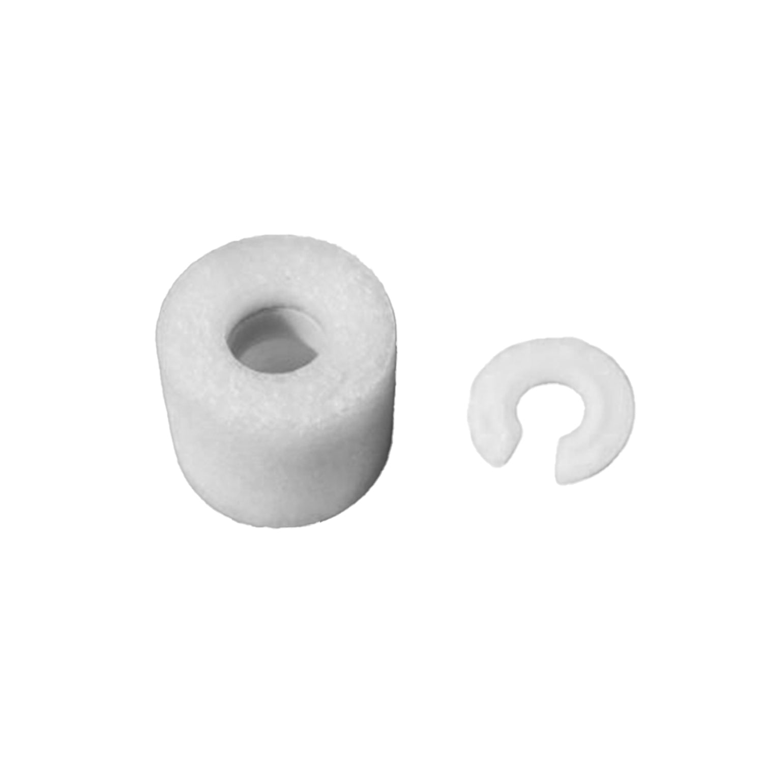 A small white plastic cylinder with a hollow center and a small matching white C-shaped clip, shown on a plain white background.