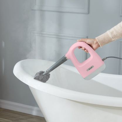 CS100+Pink+Person steam cleaning a white bathtub.