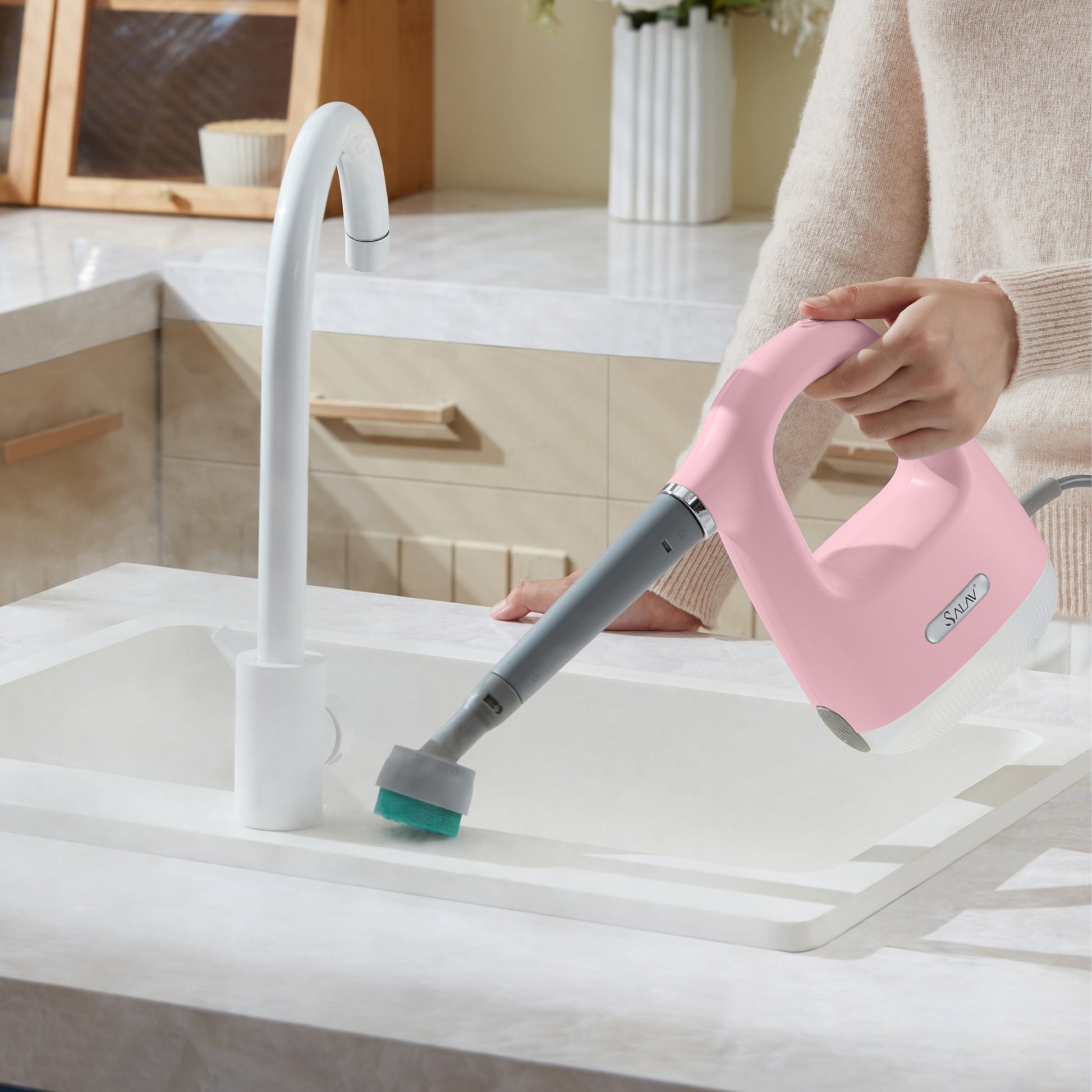 CS100Pink  Steam and Scrub Soap Scum in kitchen