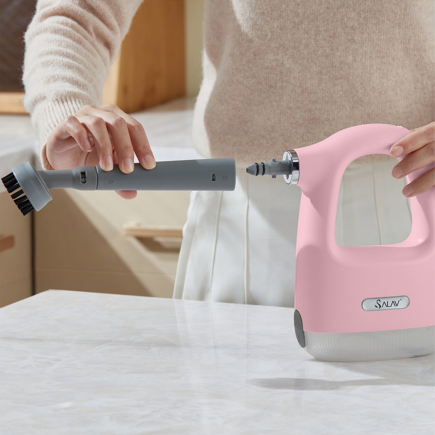 CS100+Pink+Woman Attaching Steam Nozzle with Brush