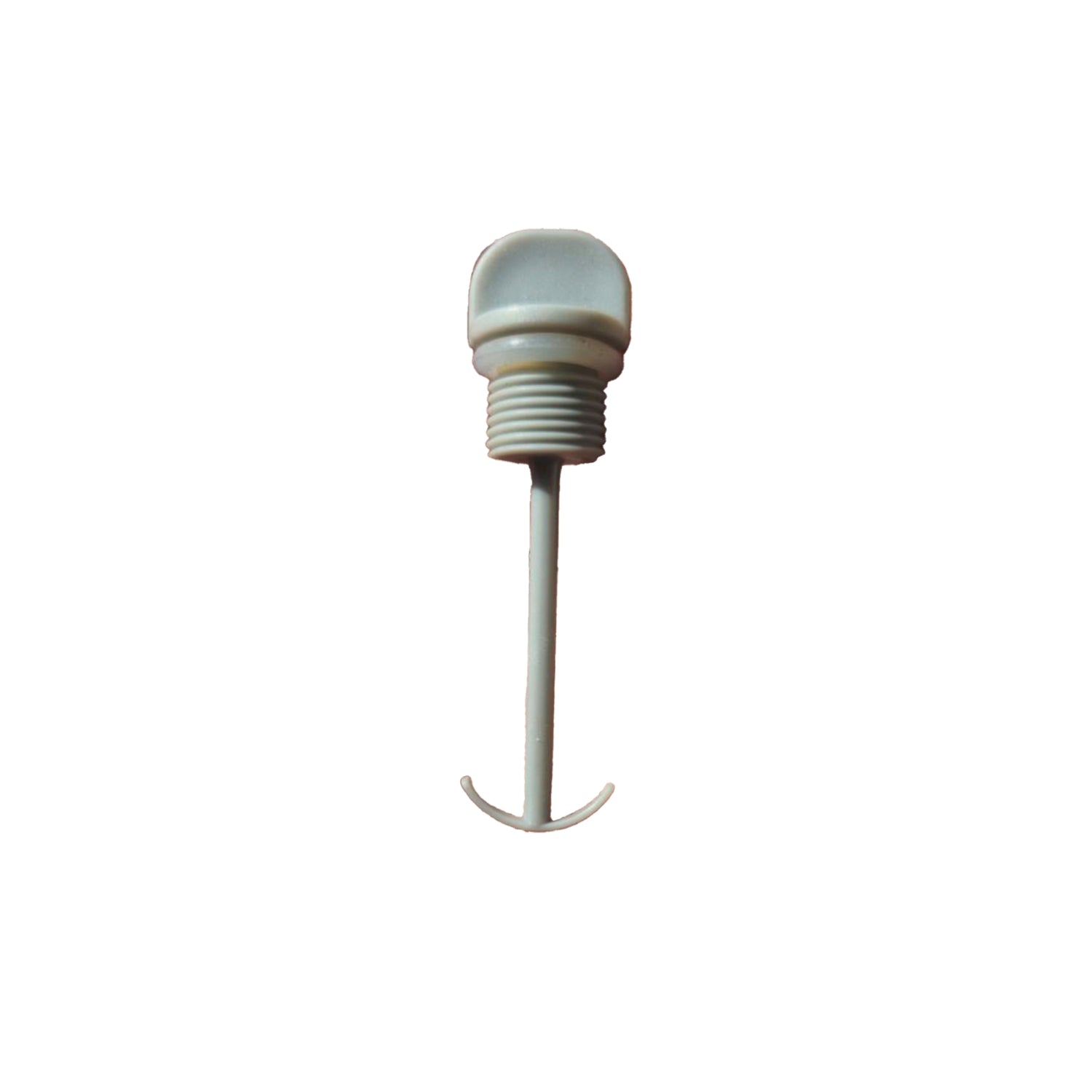 A single plastic bottle stopper with a threaded neck, a rounded stopper top, and a small hook at the bottom, shown on a plain white background.