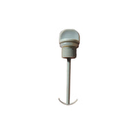 A single plastic bottle stopper with a threaded neck, a rounded stopper top, and a small hook at the bottom, shown on a plain white background.