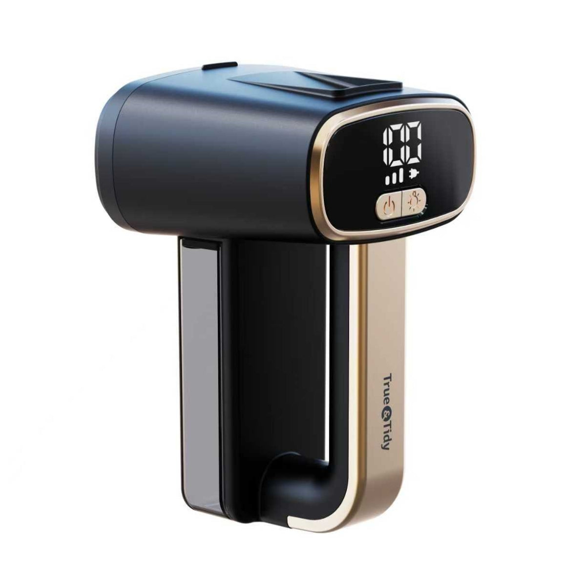 Black and gold fabric shaver with digital display on a white background