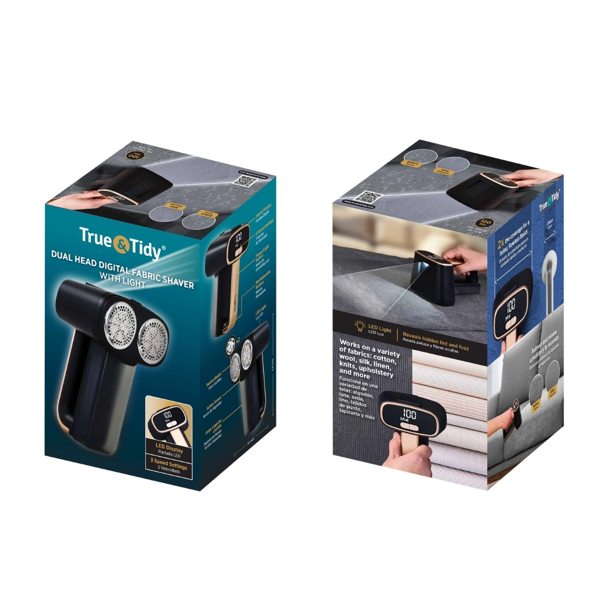 TrueTidy dual head digital fabric shaver packaging on a white background