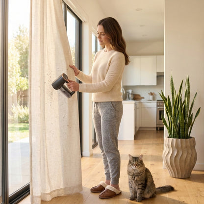 Woman in a casual home setting using FS2 fabric shaver on white curtains to remove fuzz. Cat sitting next to her