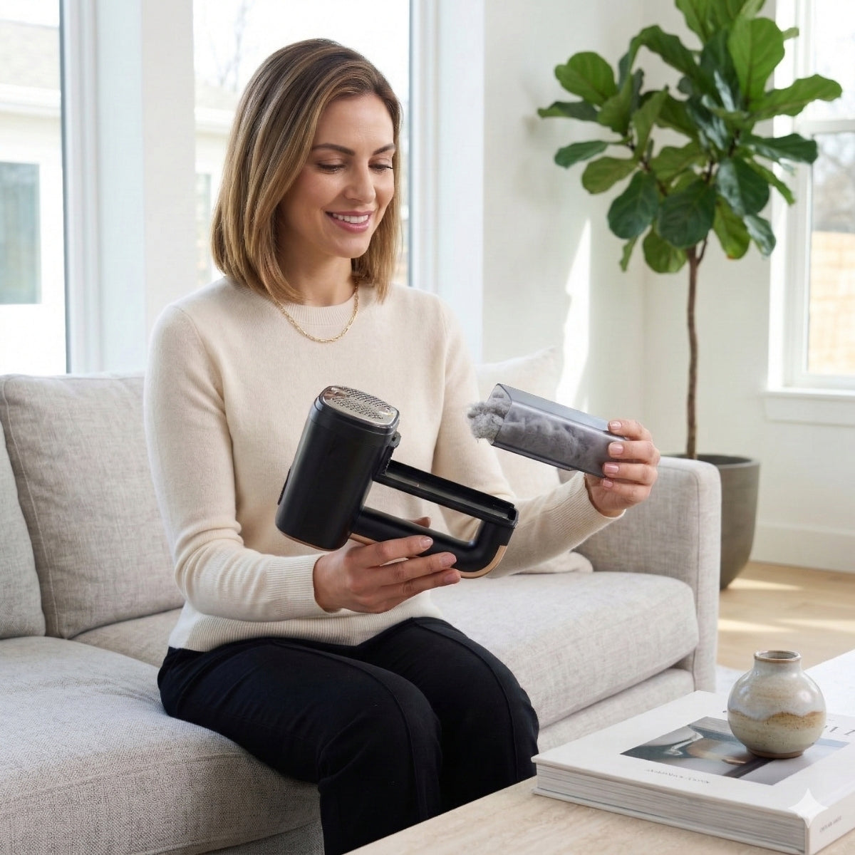 Woman sitting on a couch holding a handheld fabric shaver with a removable large lint bin in a bright living room.